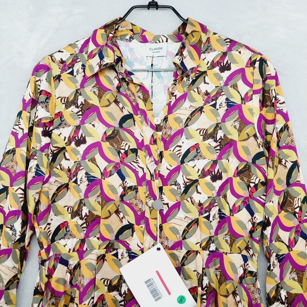 Claude Milano Multicolor Abstract Print Button Front Long Sleeve Midi Dress P446 - Picture 3 of 8